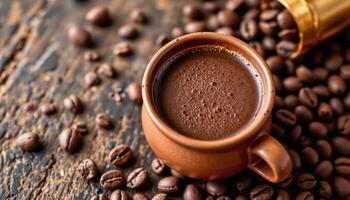 a chocolate drink in a clay mug beside cocoa beans. photo