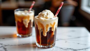 a soda float with vanilla ice cream melting on top. photo