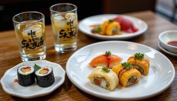 a glass of cold sake beside sushi plates. photo