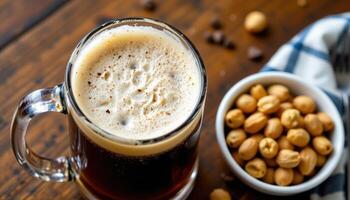 a frothy mug of root beer beside a bowl of peanuts. photo