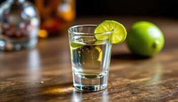 a shot glass with tequila and a lime wedge. photo