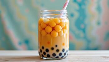 a jar of bubble tea with colorful tapioca pearls. photo
