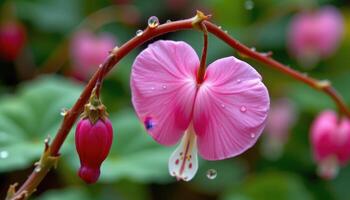 a close up of a bleeding heart flower on a rainy day. photo