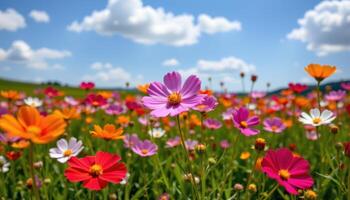 a field of cosmos flowers swaying in the wind. photo