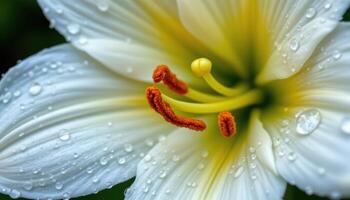 a close up of dew covered petals of a white lily. photo