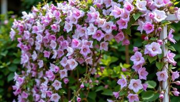 a romantic trellis wrapped in clematis blooms. photo