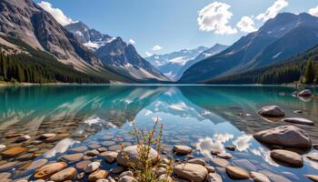 a crystal clear alpine lake with snowy peaks in the background. photo