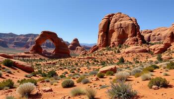 a red rock desert with arches and eroded formations. photo