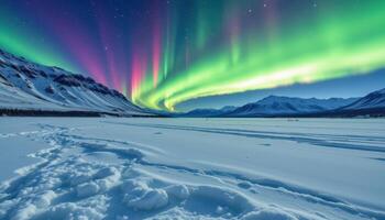 a frozen tundra stretching out beneath the northern lights. photo