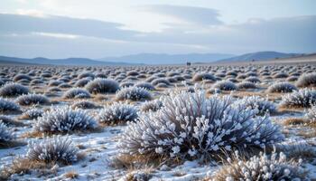 a tundra landscape with frozen shrubs and icy wind. photo