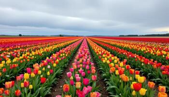 a tulip field stretching to the horizon under a cloudy sky. photo