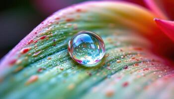 a macro shot of a water droplet on a leaf of a bromeliad. photo