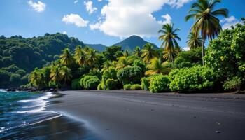 a remote island with lush jungle and black sand beach. photo