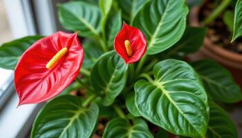a potted anthurium with glossy red flowers. photo