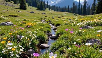 a remote alpine meadow with wildflowers and small streams. photo