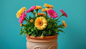 a ceramic pot filled with blooming gerberas. photo
