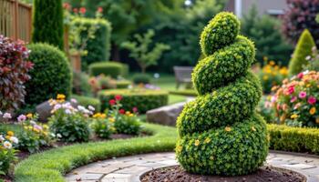 a topiary shaped like a spiral standing on a garden path. photo
