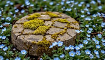a mossy garden stone surrounded by forget me nots. photo