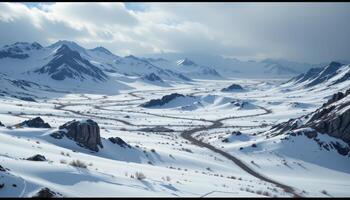 a windswept snowy plateau with jagged ice formations. photo
