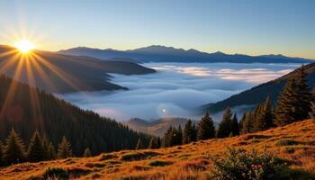 a cloud inversion in a mountain pass at dawn. photo