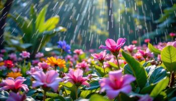 a tropical flower field glowing under soft rain. photo