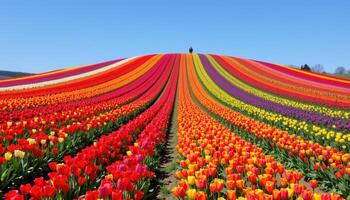 a hill covered in blooming tulips in vibrant rainbow rows. photo