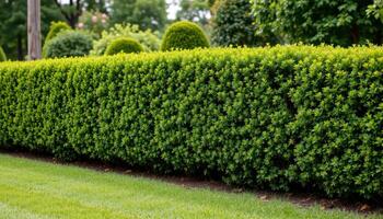 a dense hedge of boxwood perfectly trimmed. photo