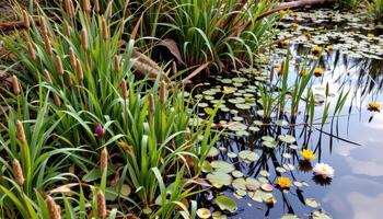 a bog filled with flowering reeds and aquatic plants. photo