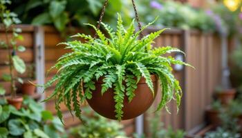 a hanging planter filled with ferns. photo