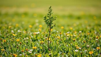 a single tree sapling in the middle of a meadow. photo