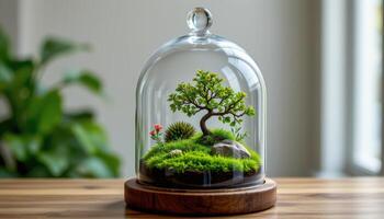 a moss terrarium under a glass dome. photo