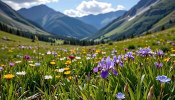a secluded mountain meadow with wild irises in bloom. photo