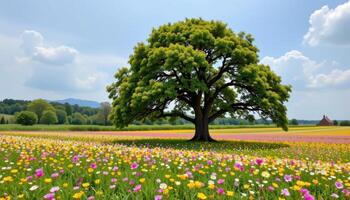 a lonely oak tree in the middle of a blooming flower field. photo