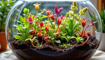 a collection of carnivorous plants in a terrarium. photo