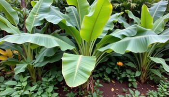 a large banana plant growing in a tropical garden. photo