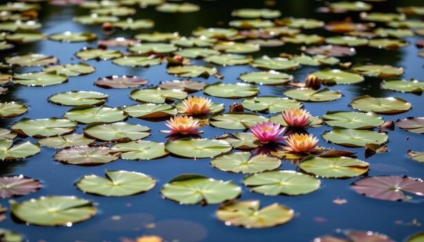 a pattern of lily pads on a calm pond. photo
