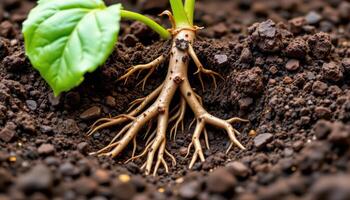 a close up of a plant's root system in soil. photo