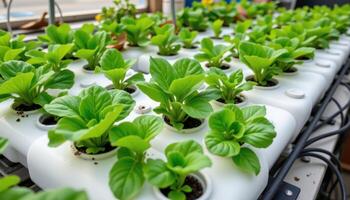 a hydroponic setup of leafy green vegetables. photo