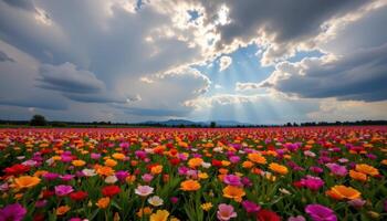 a richly colored flower field under dramatic clouds. photo