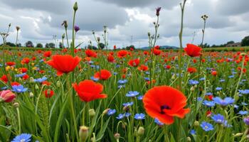 a wildflower meadow with red poppies and blue cornflowers under a cloudy sky. photo