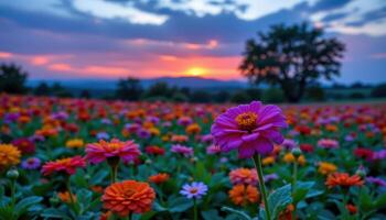 a twilight view of a vibrant zinnia field. photo
