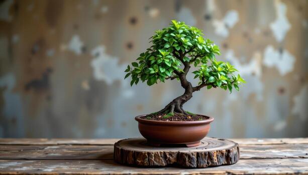 a single bonsai tree on a weathered wooden table. photo