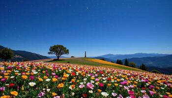 a flower covered hill under clear starry skies. photo