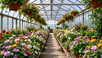 a greenhouse aisle lined with flowering plants. photo