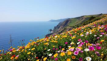 a flower field on a cliffside overlooking the sea. photo