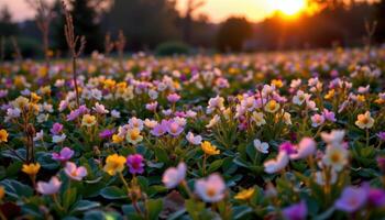 a field of evening primroses glowing at dusk. photo
