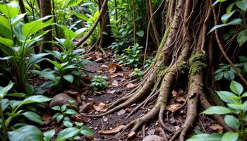 a rich jungle floor filled with roots and creepers. photo
