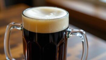 a dark beer in a mug with a thick foam head. photo