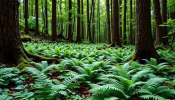 ferns covering the forest floor beneath towering trees. photo