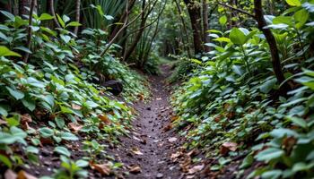 a muddy path disappearing into dense green undergrowth. photo